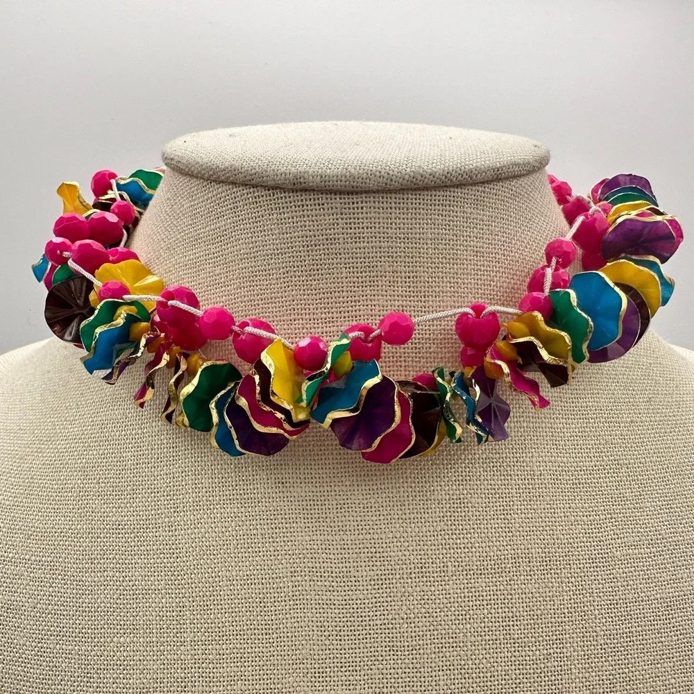 Vintage Multicolor Cluster Choker Necklace Pink Wavy Disc Beads Retro 80s Boho‎